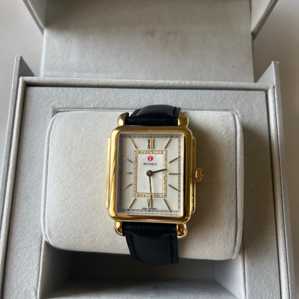 Michele Gold-Tone Watch with Black Leather Band